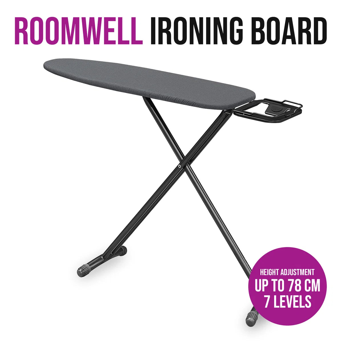 Roomwell, Classic Iron Board With Iron Rest & Heat Resistant Cover, 8mm, Black