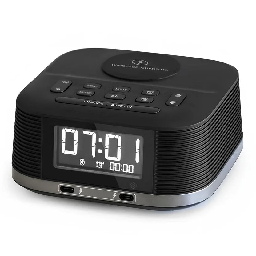 Roomwell, Vyro Plus Alarm-Clock with Bluetooth Speaker & Wireless Charging, Black